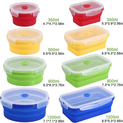 Yaomiao 16 Pack Collapsible Food Storage Containers with Lid Foldable 8 Pcs Rectangle Storage Bowl and 8 Pcs Round Silicone Food Bow for Lunch Camping Rv Accessories Microwave Freezer(Bright Colors)