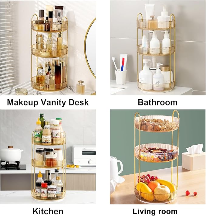360 Rotating Makeup Organizer for Vanity, Bathroom Countertop Spinning Perfume Organizer, High-Capacity Cosmetic and Skincare Dresser Make Up Holder Rack (3 Tiers, Yellow)