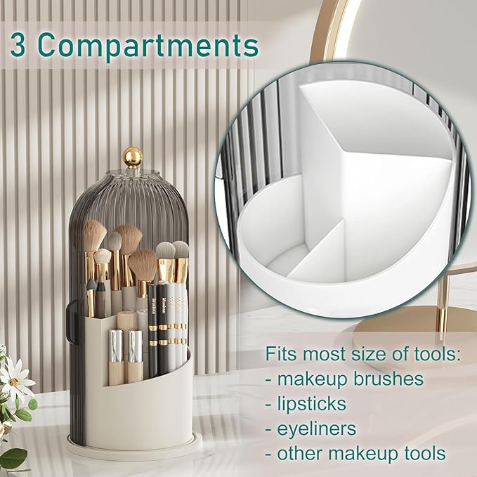 GAXmi Makeup Brush Holder with Lid Cosmetic Tools Organizer 360 Rotating Waterproof Dustproof Beauty Brushes Storage for Vanity, Grey