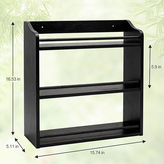 3 Tier Bamboo Spice Rack,Seasoning Jars Rack Shelf Spice Organizer for Kitchen Counter or Wall Mounting (Black)