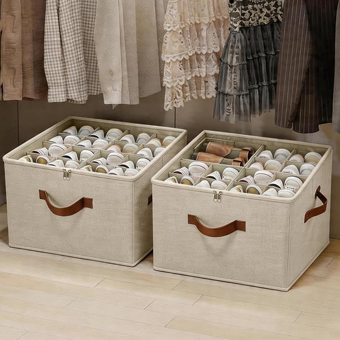 2 Pack Shoe Organizer Box – Large Capacity Shoe Storage Organizer with Transparent Cover & Flexible Dividers, Fits 16-32 Pairs, Heavy Duty Fabric Shoe Organizer for Closet, Entryway, Dorm