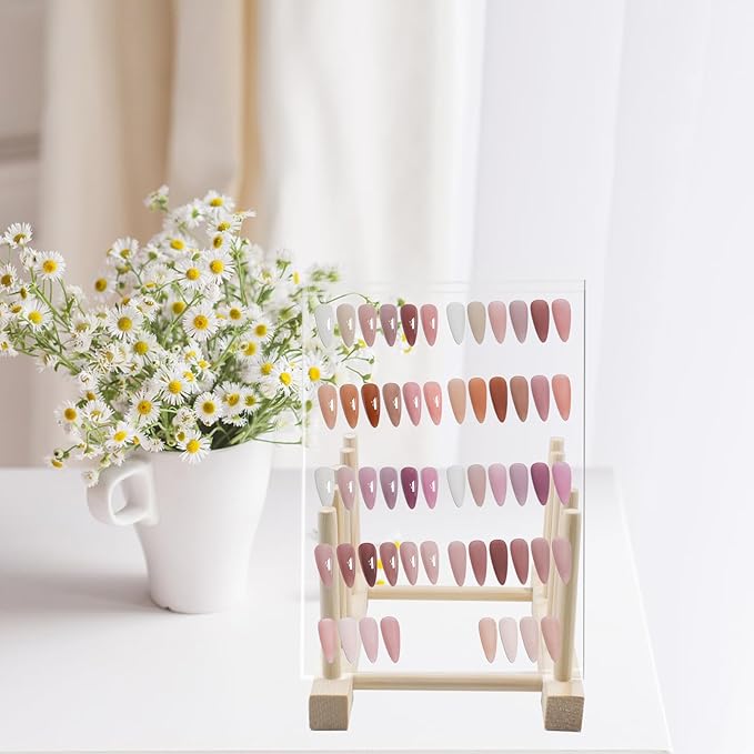4 PCS Transparent Nail Art Display Board with Wooden Display Holder, Acrylic Display Polish Board with Double Sided Tape False Nail Tips Sample Display Holder Nail Color Nail Practice Board