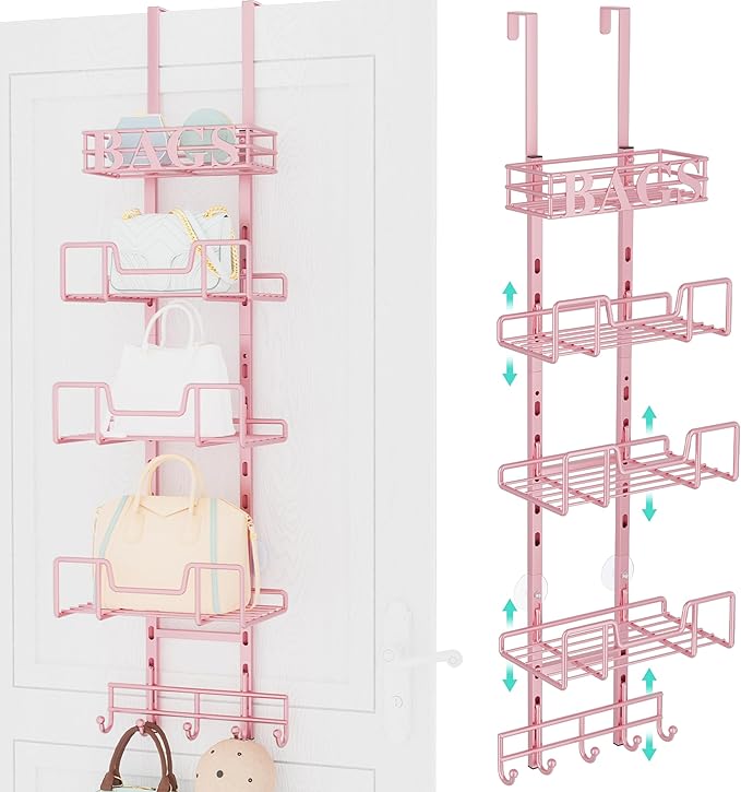 HapiRm Over Door Purse Organizer - Adjustable Purse Storage Rack with Bags Design Metal Basket, Wall Mounted Handbag Organizer, Hanging Handbag Holder, Can Use As 1/2 Part Detachable
