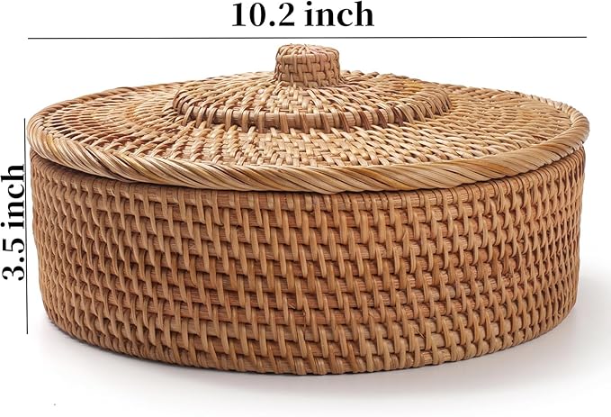 Rattan Basket With Lid, Lidded Wicker Storage Basket for Organizing, Woven Box, Rattan Storage Bin for Shlef or Table, Natural