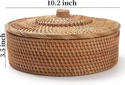 Rattan Basket With Lid, Lidded Wicker Storage Basket for Organizing, Woven Box, Rattan Storage Bin for Shlef or Table, Natural