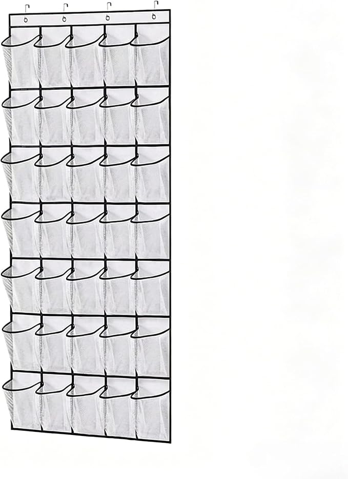 Meolsaek Over the Door Shoe Organizer with 40 Breathable Mesh Pockets, Hanging Shoe Organizer for Door with 4 Metal Hooks, Shoe Organizer for Closet, Bedroom, Bathroom, Pantry (White, 35)