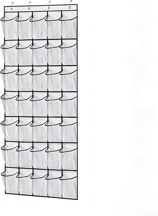 Meolsaek Over the Door Shoe Organizer with 40 Breathable Mesh Pockets, Hanging Shoe Organizer for Door with 4 Metal Hooks, Shoe Organizer for Closet, Bedroom, Bathroom, Pantry (White, 35)