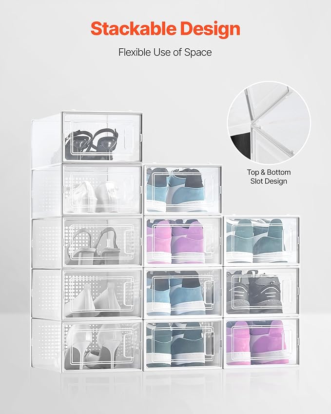 VEVOR Shoe Storage Boxes, 12 Pack Stackable Shoe Boxes Storage Organizers, Fit up to US Size 11, Plastic Modular Space Saving Sneaker Containers for Storing High Heels, Boots, and Hats, White Frame
