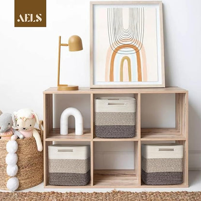 AELS Hand Woven Cotton Baskets for Storage, Cube Storage Bins with Handles, Foldable Collapsible Closet Organizers and Storage, Boho Farmhouse Storage Cubes for Shelves, Beige Mixed Khaki Coffee Brown