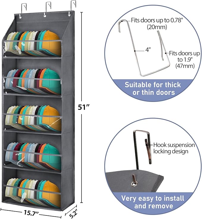 Hat Organizer for Baseball Caps - Hat Rack for Door - Hat Storage for Baseball Caps，Hat Holder on Wall, Clear Deep Pockets， 5 Tiers, Holds at Least 60 Hats, with 3 Hooks (Grey)