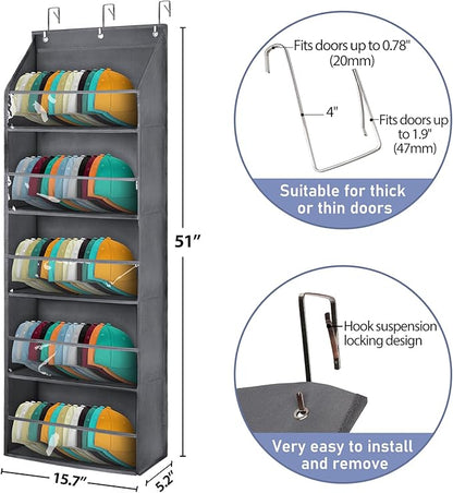Hat Organizer for Baseball Caps - Hat Rack for Door - Hat Storage for Baseball Caps，Hat Holder on Wall, Clear Deep Pockets， 5 Tiers, Holds at Least 60 Hats, with 3 Hooks (Grey)