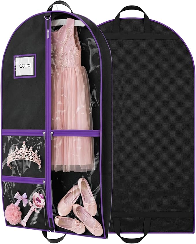 Dance Garment Bags for Dancers, 40" Garment Bags for Hanging Clothes with 3 Clear Zipper Pockets, Cheer Uniform Garment Bag for Suits, Travel & Sports Jersey, Cheer Uniform (Purple, 1Pack 40")