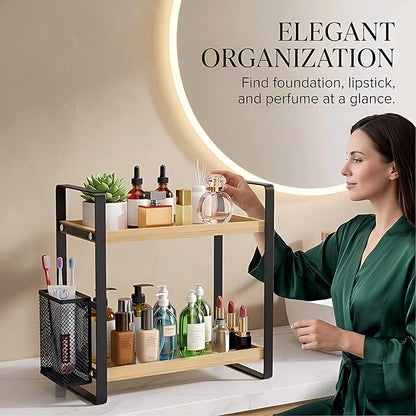 LEMIKKLE 2-Tier Wood Bathroom Counter Organizer with Basket,Waterproof Vanity Perfume Skincare Storage for Bathroom, Kitchen, Dresser