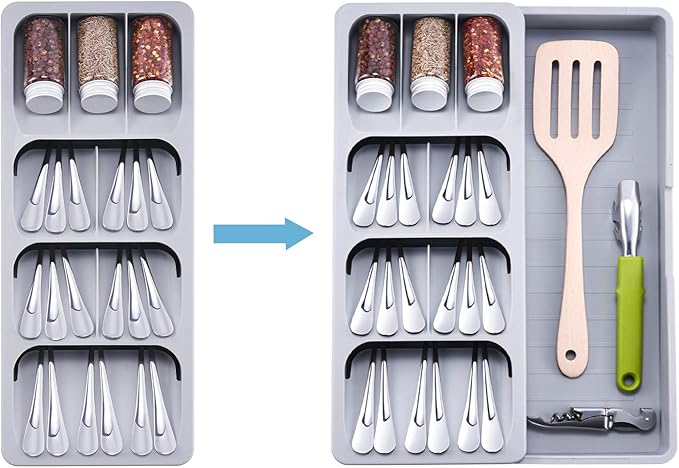 Expandable Kitchen Drawer Organizer, Adjustable Cutlery Trays and Utensil Holder, Kitchen Drawer Dividers Storage for Silverware, Flatware, Knives, Spoons, Gray