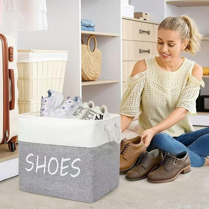Large Fabric Shoe Basket,Flodable Shoe Storage Bin for Entryway,Hallway or Mudroom,Stylish Shoe Storage Container (Large-1 Pack)
