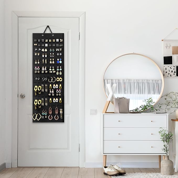 Lolalet Hanging Earring Holder Organizer with 20 Hooks for Women, Earring Organizer Wall Earrings Hanger Pierced Earring Storage, Felt Stud Earring Display, 608 Holes for Earrings - Black, 2 Pack