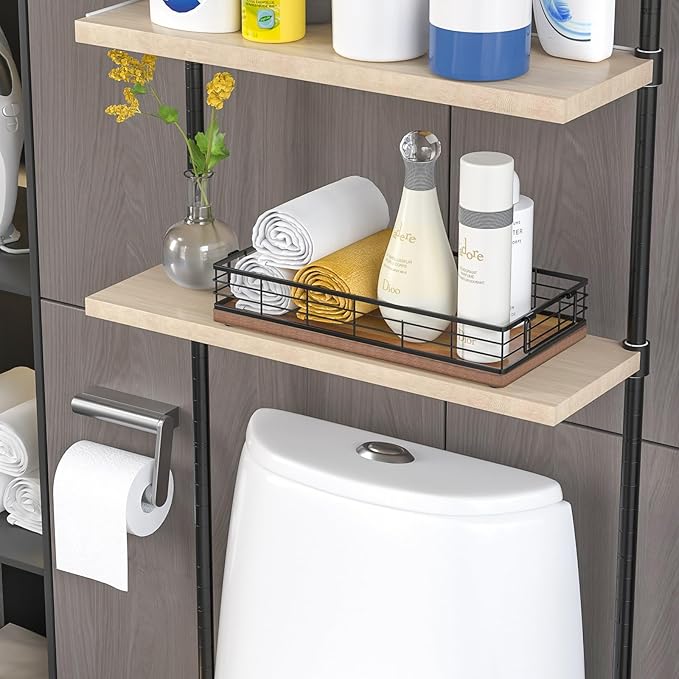 Acacia Toilet Paper Basket 2PCS 13 Inch Bathroom Tank Tray Basket Top of Toilet Storage Toiletries Organizer for Bathroom, Living Room and Kitchen (Acacia & Black)
