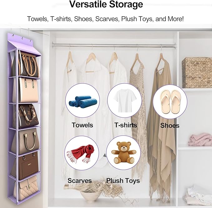 Lirex Over The Door Purse Organizer & Purse Shelf for Closet – Handbag Storage Organizer with Purse Hanger. Perfect for Scarves, Hats, and Leggings. L (15.7'' x 5.7'' x 68''), Purple