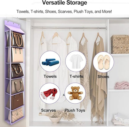 Lirex Over The Door Purse Organizer & Purse Shelf for Closet – Handbag Storage Organizer with Purse Hanger. Perfect for Scarves, Hats, and Leggings. L (15.7'' x 5.7'' x 68''), Purple