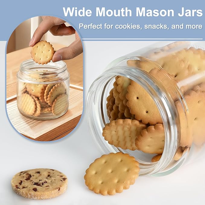 Overnight Oats Containers with Lids, 10oz Wide Mouth Mason Jars with Lids, 6 Pack Glass Jars with Airtight lid for Chia Pudding Yogurt Salad, Meal Prer Oatmeal Jars