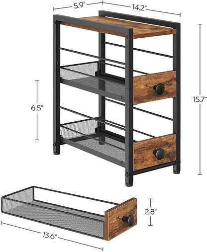 YATINEY Spice Rack, 3-Tier Pull Out Spice Rack Organizer for Countertop, Narrow Kitchen Countertop Storage Shelf with 2 Drawers, for Kitchen, Cafe, Rustic Brown and Black SR02BR