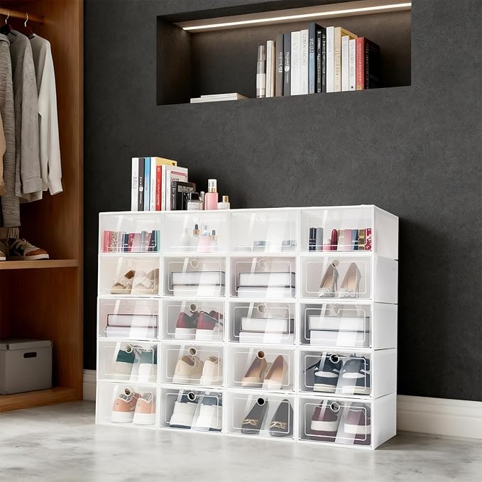 20 Pcs Foldable Stackable Shoe Storage Boxes, Clear Plastic Shoe Organizer, Easy Access, Space-Saving Design, for Closet, Bedroom, Entryway and Home Organization