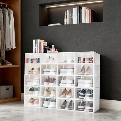 20 Pcs Foldable Stackable Shoe Storage Boxes, Clear Plastic Shoe Organizer, Easy Access, Space-Saving Design, for Closet, Bedroom, Entryway and Home Organization