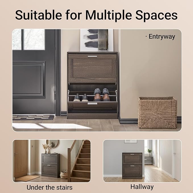 Haotian Shoe Cabinet Storage for Entryway, Narrow Shoe Cabinet with Two Flip Drawers to Save Space, Shoe Rack Cabinet for Front Door Entrance Hallway (Brown)