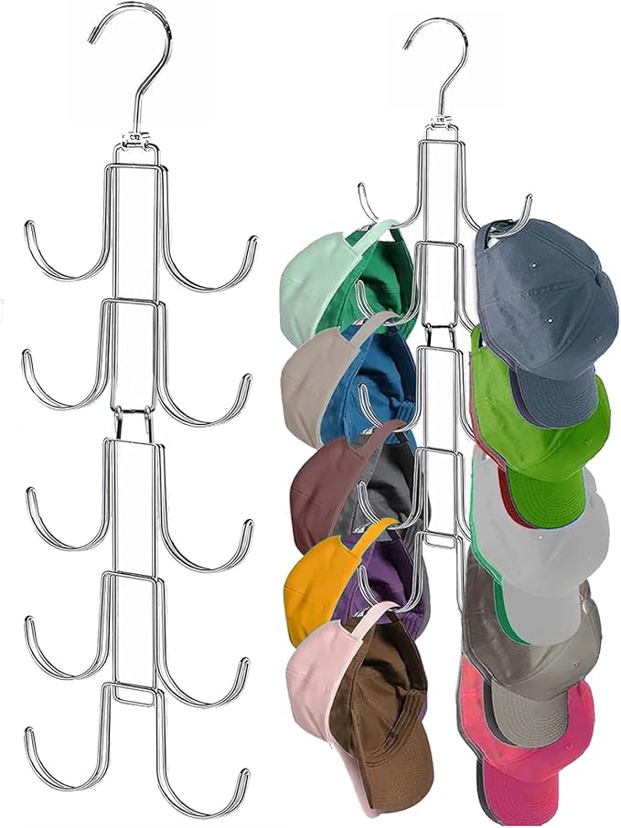 Baseball Hat Organizer for Closet, Collapsible Caps Rack with 10 Rotatable Large Hooks, Hat Hanger for Display,Storage and Closet Organizers,Metal Space Saving Holds Up to 40 Caps (1 Pack)