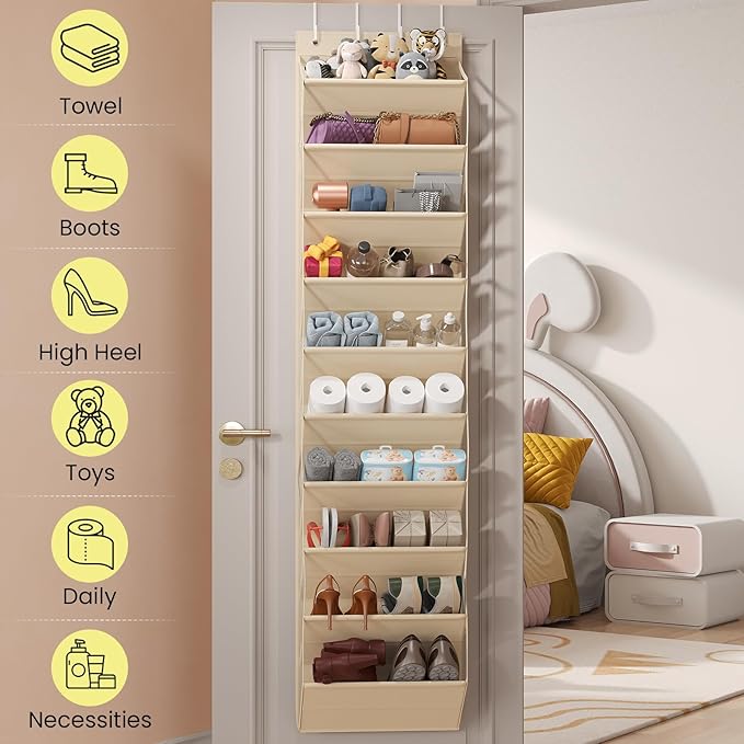 20-25 Pairs Over the Door Shoe Organizer, Clear Pockets Shoe Rack for Closet Door, 10-Tier Hanging Shoe Rack for Boots, Behind the Door Shoe Holder Fit All the Family's Sneakers, Boots, Heels, Beige
