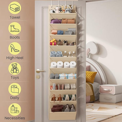 20-25 Pairs Over the Door Shoe Organizer, Clear Pockets Shoe Rack for Closet Door, 10-Tier Hanging Shoe Rack for Boots, Behind the Door Shoe Holder Fit All the Family's Sneakers, Boots, Heels, Beige