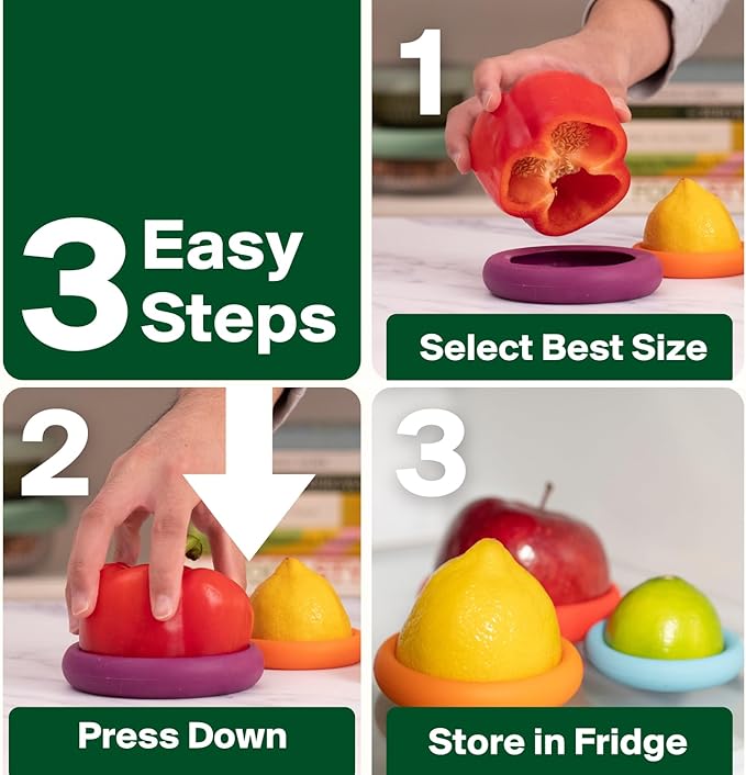 Food Huggers 5pc Reusable Silicone Food Savers | BPA Free | Plastic Free Food Storage | Dishwasher Safe | Fruit & Vegetable Storage for Onion, Tomato, Lemon, Banana & Cans | Round, Fresh Greens