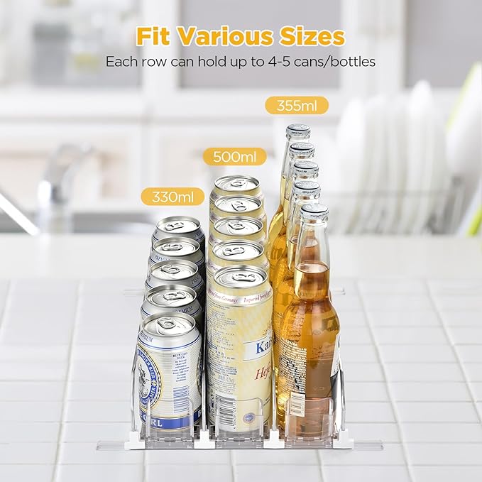 OTraki Drink Organizer for Fridge, 3 Rows Soda Can Drink Dispenser for Refrigerator Space-Saving Can Holders Dispenser with Automatic Pusher Glide and Adjustable Width, Hold up to 15 Cans, Clear
