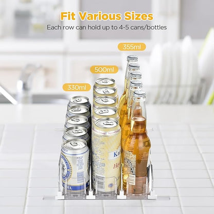 OTraki Drink Organizer for Fridge, 3 Rows Soda Can Drink Dispenser for Refrigerator Space-Saving Can Holders Dispenser with Automatic Pusher Glide and Adjustable Width, Hold up to 15 Cans, Clear