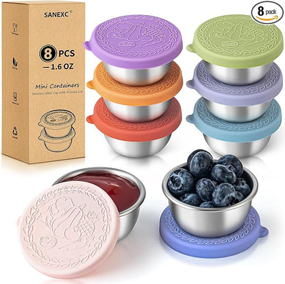 SANEXC 8 Pack - 1.6 Oz Small Salad Dressing Containers To Go, Leakproof Condiment Containers with Lids Reusable Stainless Steel Sauce Cups for Lunch Boxes Kitchen Storage Picnics Travel Meal Prep