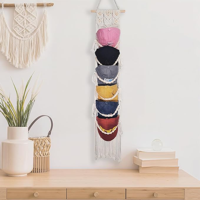 Halidali Hat Organizer for Baseball Caps, Hat Racks Cotton Rope Weaving Cap Stand, Handmade Macrame Hanging Hat Display Holder for Door Storage, Closet, Bedroom (Off-White, Set of 1)
