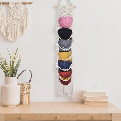 Halidali Hat Organizer for Baseball Caps, Hat Racks Cotton Rope Weaving Cap Stand, Handmade Macrame Hanging Hat Display Holder for Door Storage, Closet, Bedroom (Off-White, Set of 1)