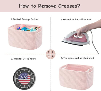 Set of 4 Pink Rope Basket for Shelves Woven Rectangle Storage Basket Bins for Nursery Toy Storage for Baby Girl