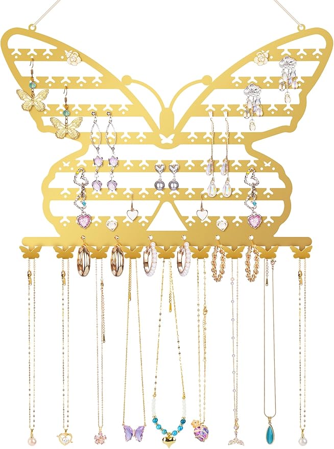 NiHome Butterfly Wall Mounted Jewelry Organizer, Decorative Metal Earring and Necklace Holder for Bedroom, Vanity, or Closet, Stylish Organizer with Easy Hanging for Fashion Lovers (Gold)