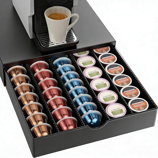Coffee Pods Drawer Organizer Compatible with Nespresso Vertuo Pods Holds Up to 60 Small or 40 Large (Black)