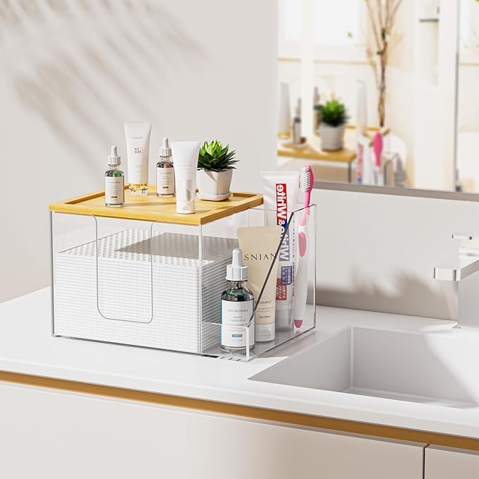 VITVITI Disposable Face Towel Holder Box, Acrylic Clean Skin Club Facial Towel Container, Large Disposable Face Towels Storage for Bathroom Vanity Makeup, Clear