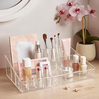 STORi Audrey Clear Vanity Makeup Organizer | 15-Compartment Holder for Brushes, Eyeshadow Palettes, & Beauty Supplies | Stacks on Audrey Storage Drawers | Made in USA
