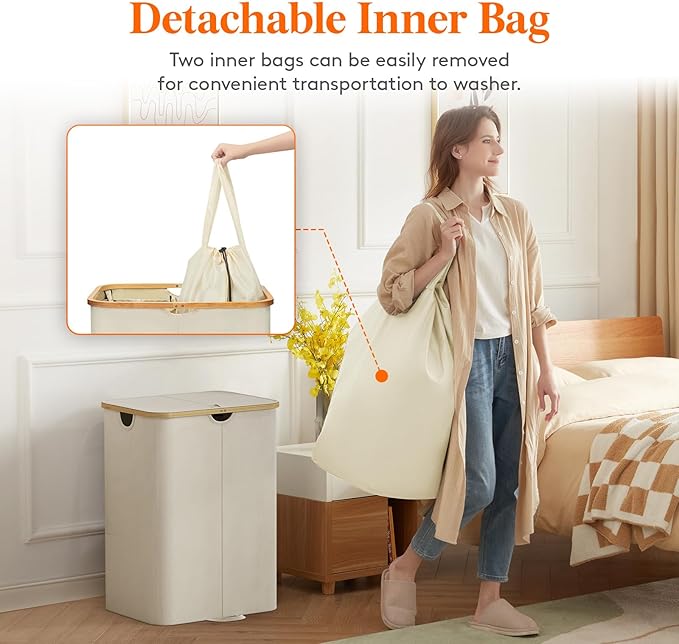 Lifewit 150L Double Laundry Hamper with Lid, Large Laundry Basket with Removable Bag & Bamboo Handles, Fodable Tall Dirty Clothes Hamper for Laundry Collapsible Bin for Bathroom Bedroom Dorm, Beige