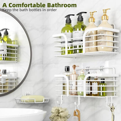 Yougai Shower Caddy, Shower Organizer with Soap Holder and Hooks, Rustproof Shower Shelves, No Drilling Bathroom Organizers and Storage, Wall-Mounted Kitchen & Home Decor (White)