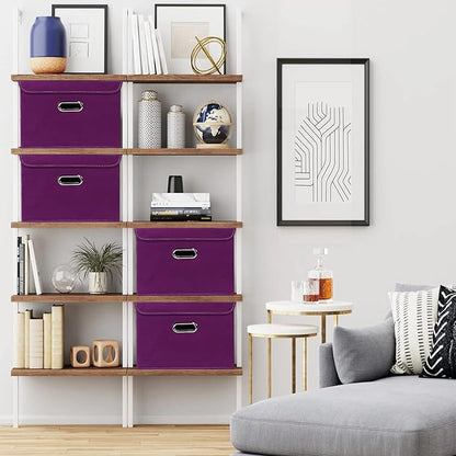 STOREONE Fabric Storage Cube Bins Foldable Organizer Container Collapsible Basket with Lids and Metal Handles, for Home, Bedroom, Closet 3 Pcs (Purple)