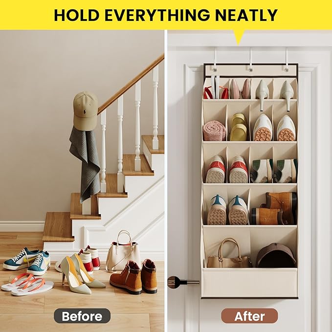 18 Pairs Over the Door Shoe Organizer, Shoe Rack for Closet Door with Large Breathable Pockets, Hanging Shoes Rack for Boots, Behind the Door Organizer Shoe Holder for Categorized Storage, Beige ﻿