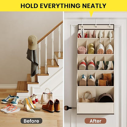 18 Pairs Over the Door Shoe Organizer, Shoe Rack for Closet Door with Large Breathable Pockets, Hanging Shoes Rack for Boots, Behind the Door Organizer Shoe Holder for Categorized Storage, Beige ﻿
