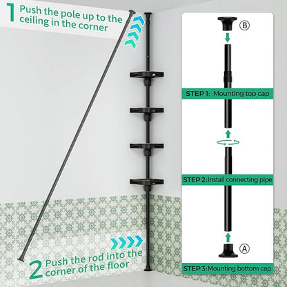 shuang qing 4-Tier Corner Shower Caddy Tension Pole Organizer - Adjustable Rustproof Metal Tension Pole, Plastic Shelves with Safety Guardrail, Bathroom Storage for Shower & Bathtub(Black)