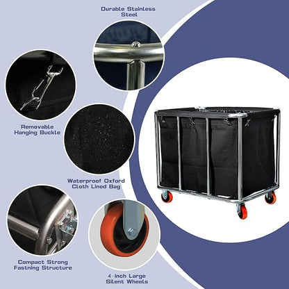Commercial Laundry Cart with Wheels, 400L Large Capacity Heavy Duty Stainless Laundry Basket,Laundry Sorter for Clothes Storage,330 lbs Load (Black)