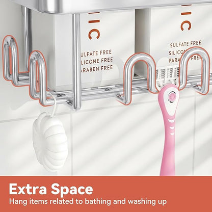 YASONIC Shower Caddy Adhesive 2-Pack, Rustproof Shower Organizer with Holder, No-Drill Shower Shelves for Inside the Shower, Large-Capacity Bathroom Organizers and Storage for Dorms & Renters, Silver